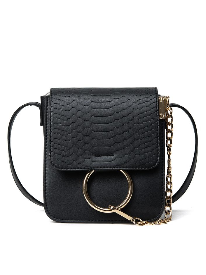 Shein Crocodile Embossed Ring Chain Bag - Black