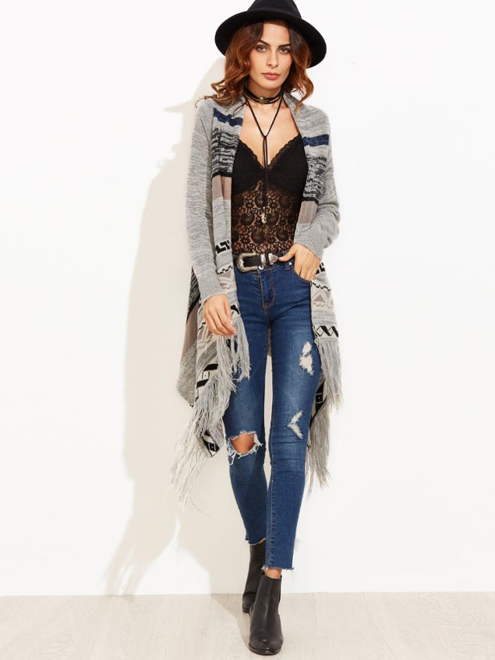 Shein Grey Marled Knit Tribal Pattern Fringe Cardigan