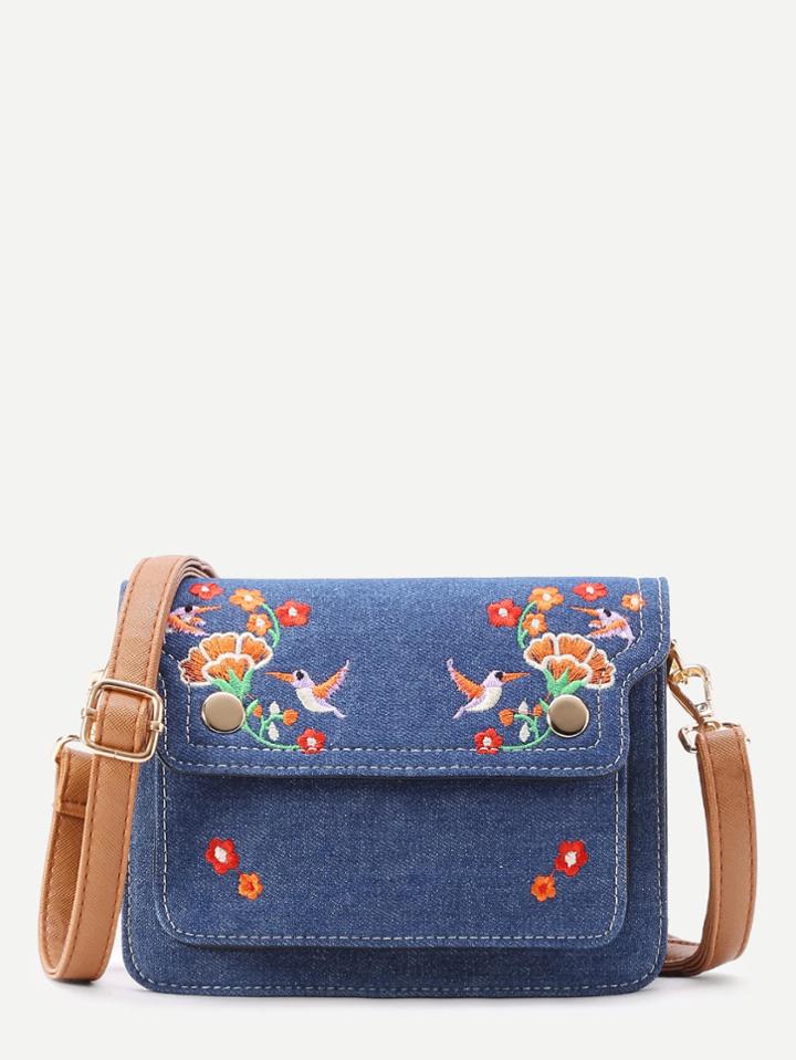 Shein Flower And Bird Embroidery Denim Shoulder Bag