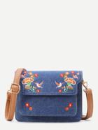 Shein Flower And Bird Embroidery Denim Shoulder Bag