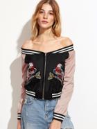 Shein Color Block Sequin Bird Embroidered Off The Shoulder Bomber Jacket