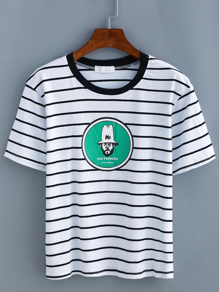 Shein Striped Printed T-shirt - White