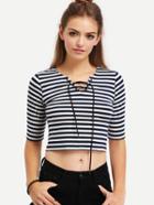 Shein Black White Striped Lace Up T-shirt
