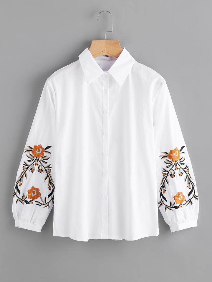 Shein Symmetric Embroidery Lantern Sleeve Shirt