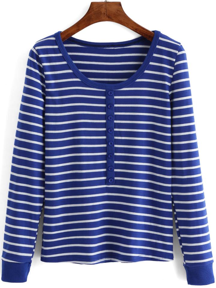 Shein Blue White Long Sleeve Striped Buttons T-shirt