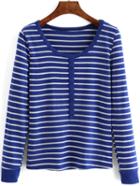 Shein Blue White Long Sleeve Striped Buttons T-shirt