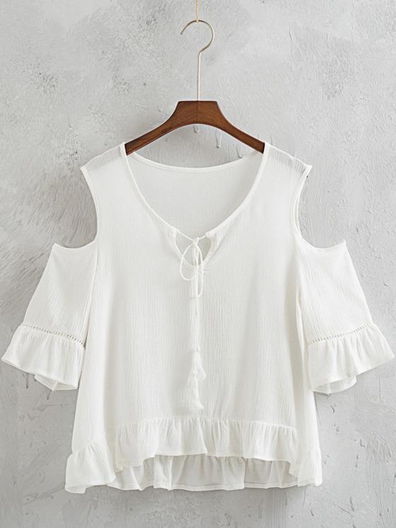 Shein White Cold Shoulder Tassel Tie Ruffle Blouse