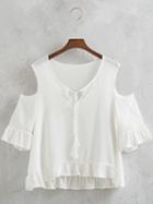 Shein White Cold Shoulder Tassel Tie Ruffle Blouse