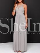 Shein Grey Georgette Puffball Convertible Sleeveless Crochet Lace Maxi Dress