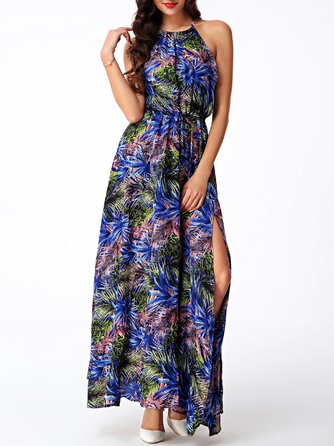 Shein Blue Print Side Split Halter Beach Maxi Dress