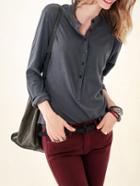 Shein Grey Stand Collar Long Sleeve Buttons Blouse