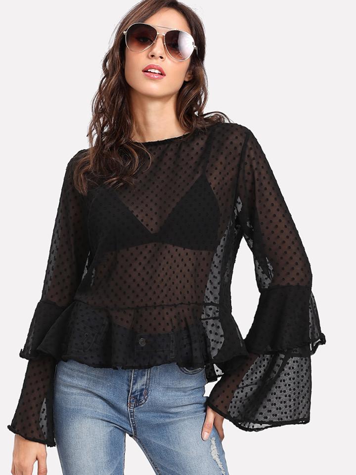 Shein Trumpet Sleeve Dot Jacquard Ruffle Top