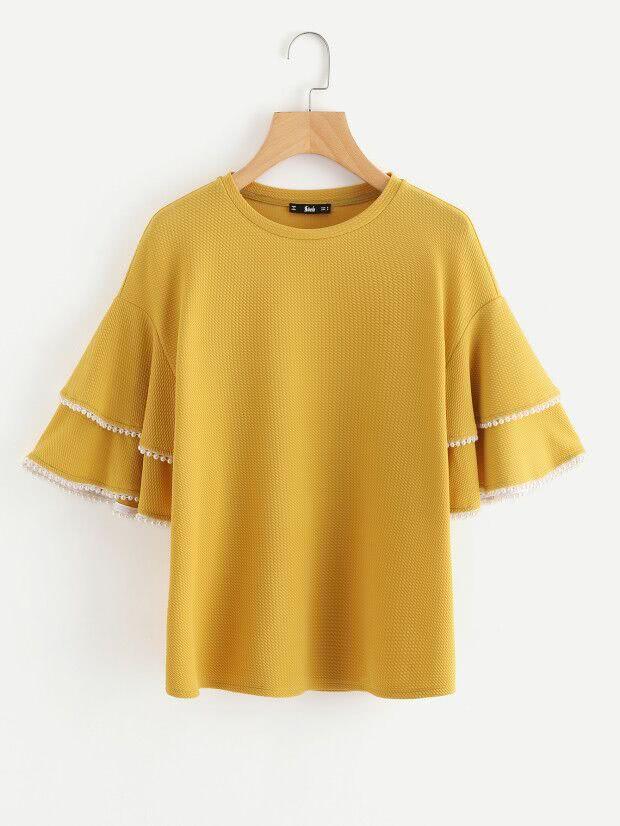 Shein Pearl Trim Layered Trumpet Sleeve Textured Top