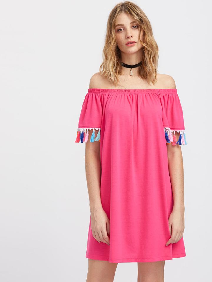 Shein Off Shoulder Tassel Trim Dress