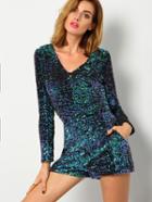 Shein Green Deep V Neck Long Sleeve Sequined Romper