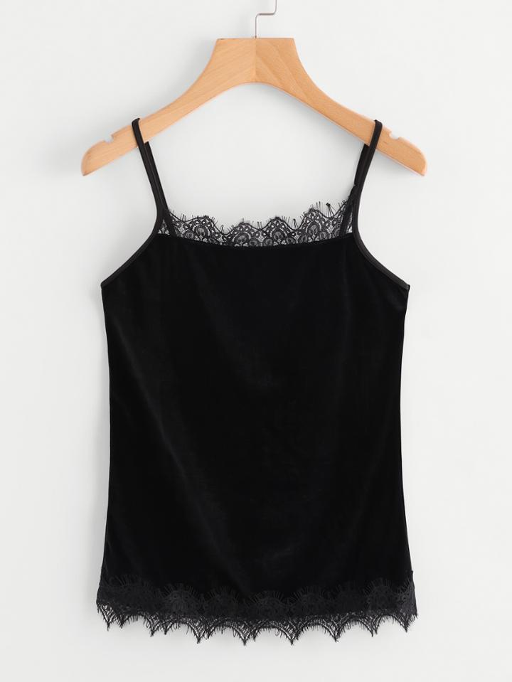 Shein Velvet Eyelash Lace Trim Cami Top