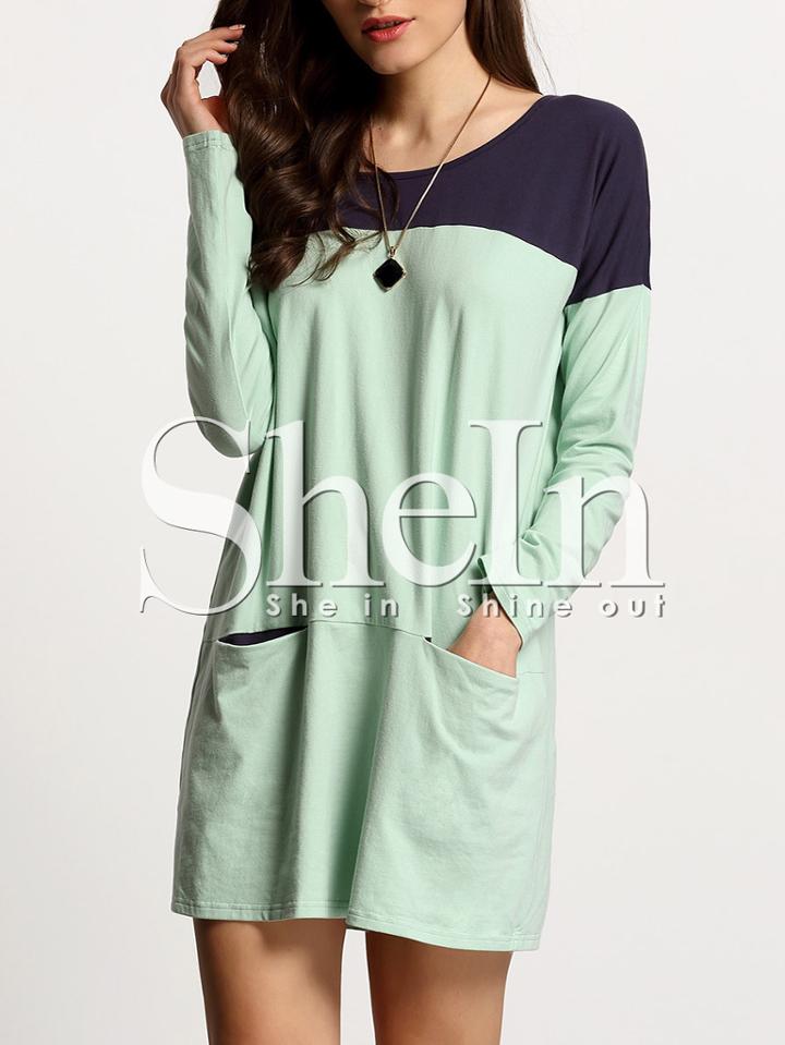 Shein Blue Patchwork Green Pockets Casual Dress