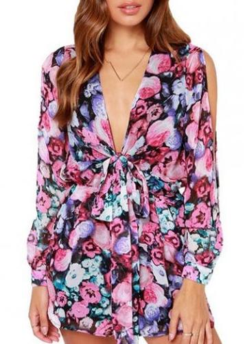 Rosewe Charming Long Sleeve V Neck Printed Mini Rompers