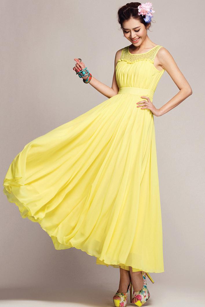 Shein Yellow Lemon Sleeveless Lace Chiffon Pleated Dress