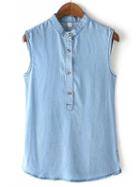 Shein Blue Stand Collar Sleeveless Buttons Denim Blouse