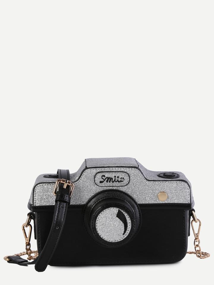 Shein Mini Color Block Faux Leather Camera Bag With Chain