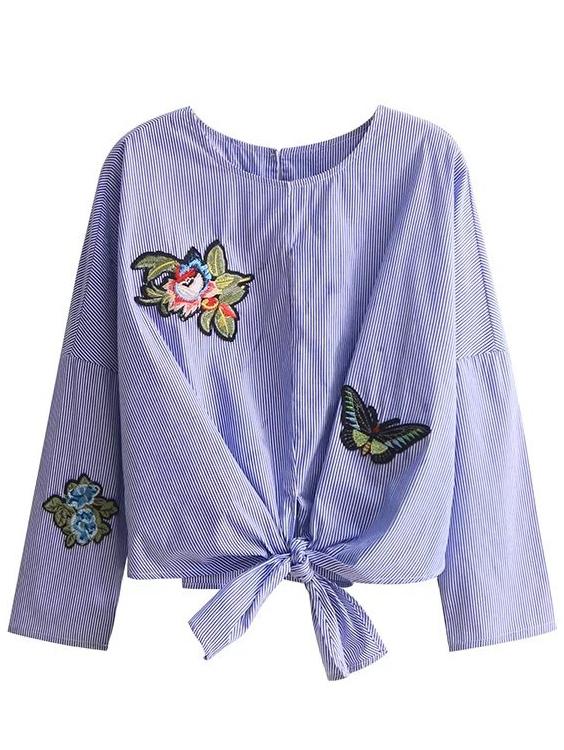 Shein Blue Vertical Striped Embroidery Knot Detail Blouse