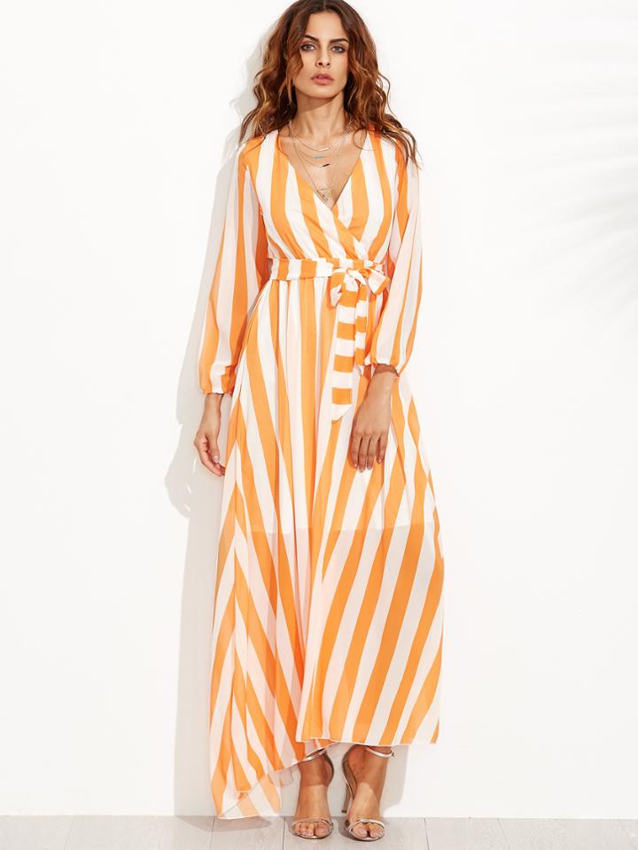 Shein Vertical Striped Deep V Neck Self Tie Dress