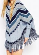 Rosewe Fringe Embellished Blue Geometric Printed Cloak Sweater