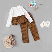 Shein Girls Colorblock Pleated Panel Top And Striped Pants Set