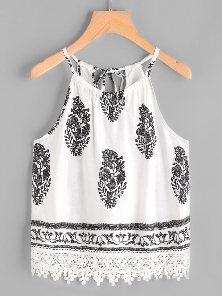 Shein Graphic Print Self Tie Back Lace Hem Cami Top