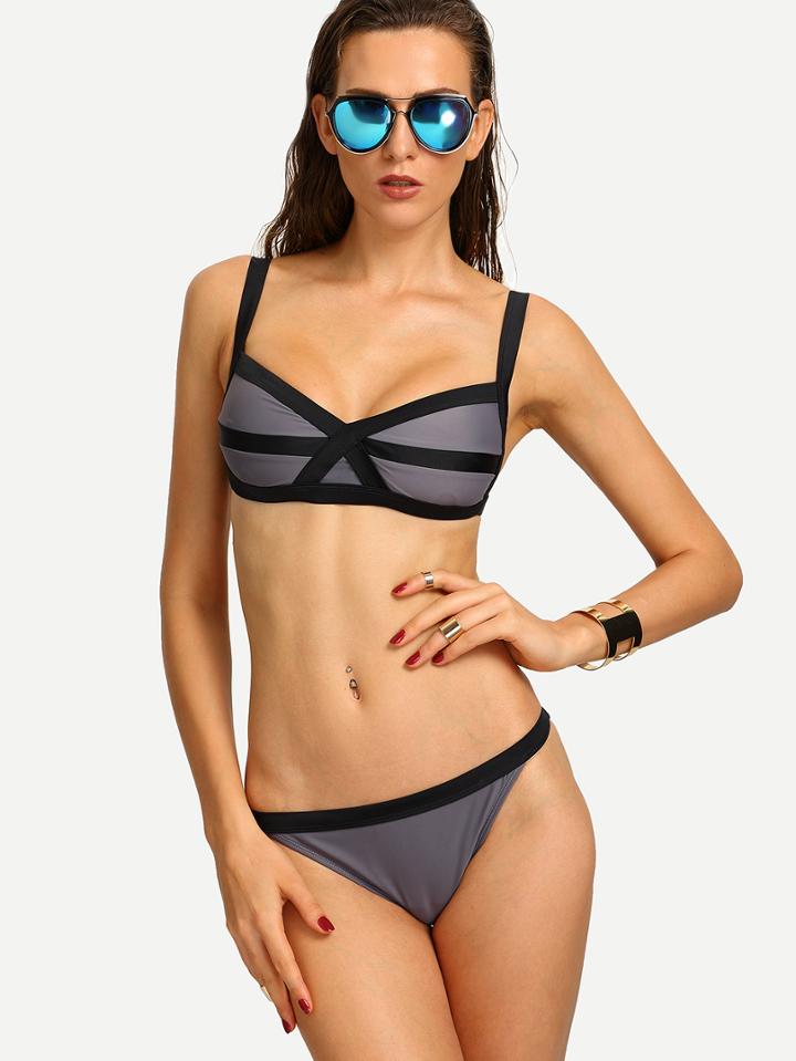Shein Contrast Binding Bikini Set - Grey