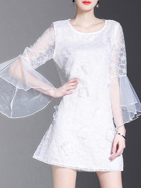 Shein Bell Sleeve Sheer Flowers Applique Dress