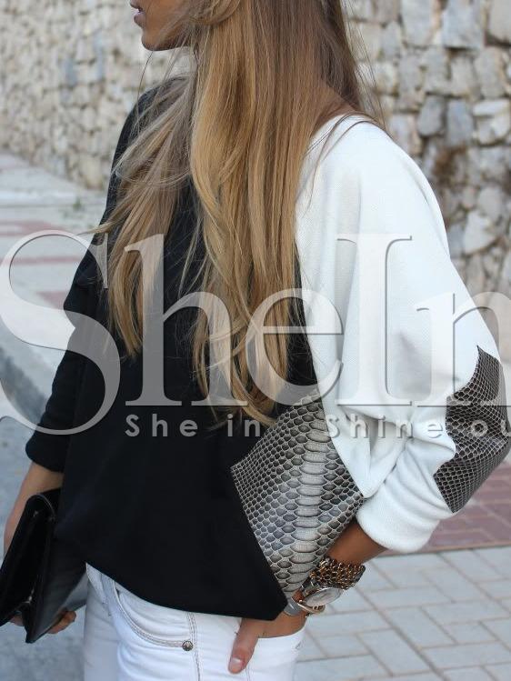 Shein Black White Long Sleeve Color Block Sweatshirt