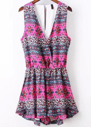 Shein Rose Red V Neck Bohemia Floral Jumpsuit