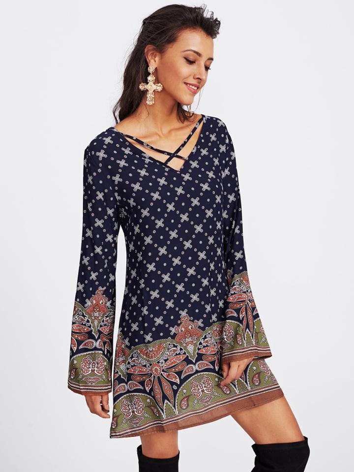 Shein Ornate Print Criss Cross V-neckline Dress