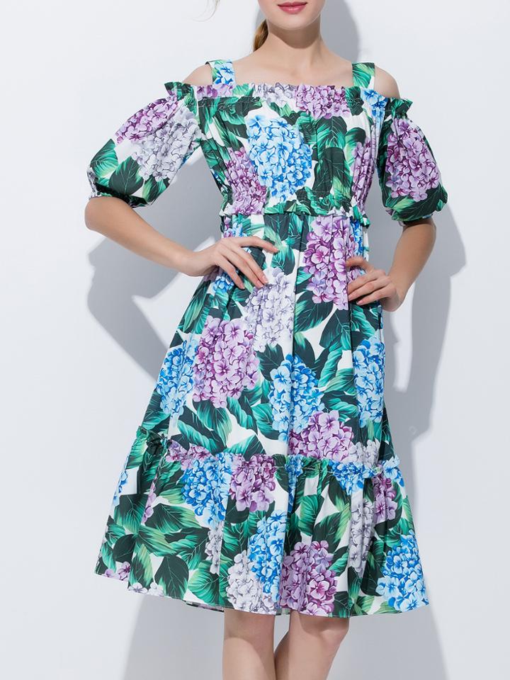 Shein Boat Neck Flowers Print Flounce Dress