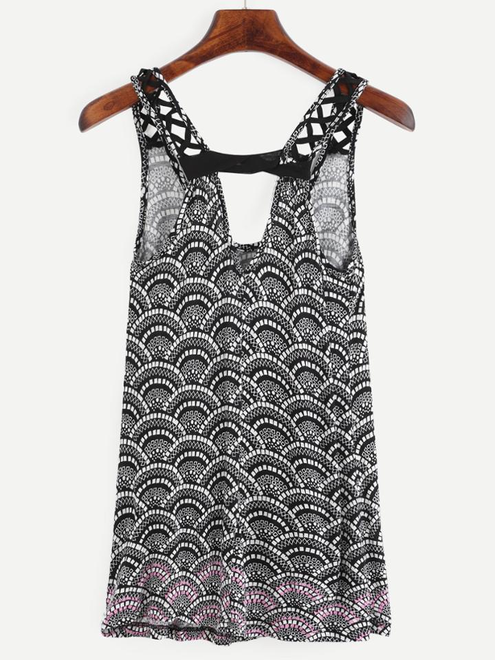 Shein Black Scallop Print Cutout Lattice Strap Tank Top