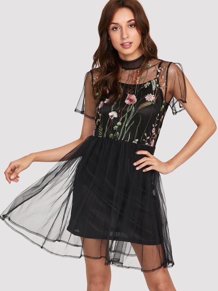 Shein Embroidery Mesh Skater Dress With Slip