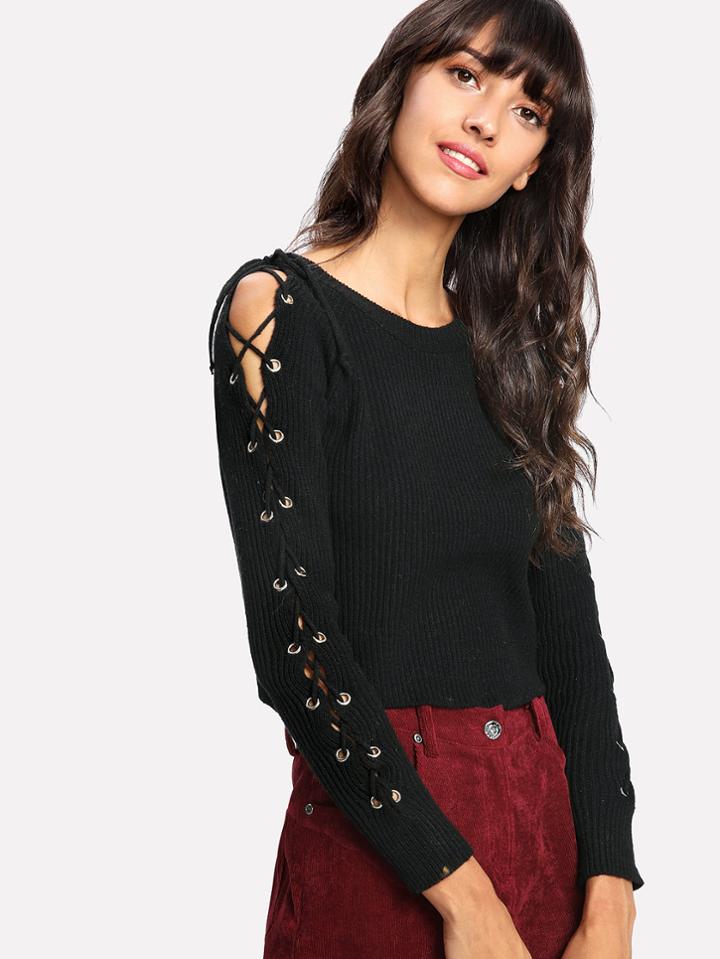 Shein Lace Up Raglan Sleeve Ribbed Jumper