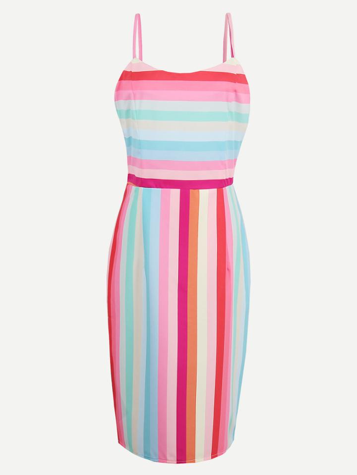 Shein Rainbow Stripe Adjustable Straps Slim Dress
