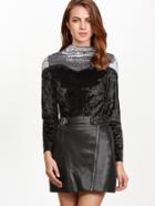 Shein Black Contrast Yoke Mock Neck Velvet Blouse