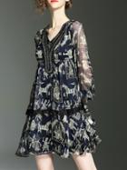 Shein Navy V Neck Contrast Lace Print Beading Dress