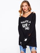 Shein Cold Shoulder Stepped Hem Distressed Sweatshirt