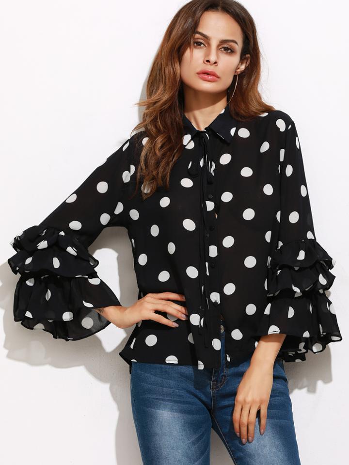 Shein Navy Polka Dot Print Layered Ruffle Sleeve Blouse