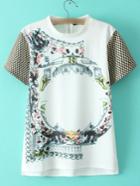 Shein White Printed Contrast Dipped Hem T-shirt