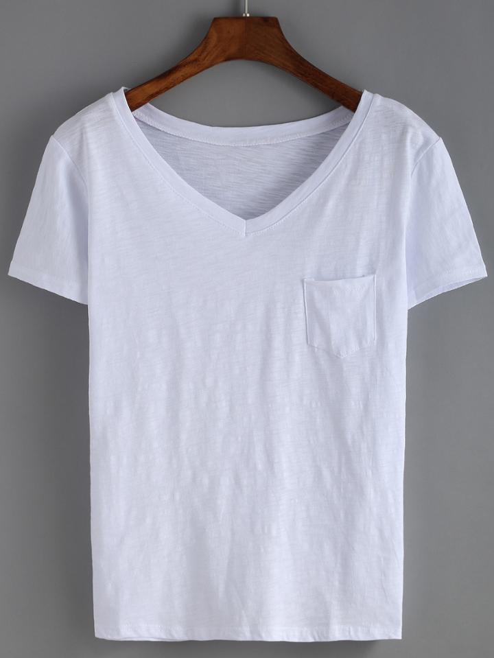 Shein White V Neck Pocket T-shirt