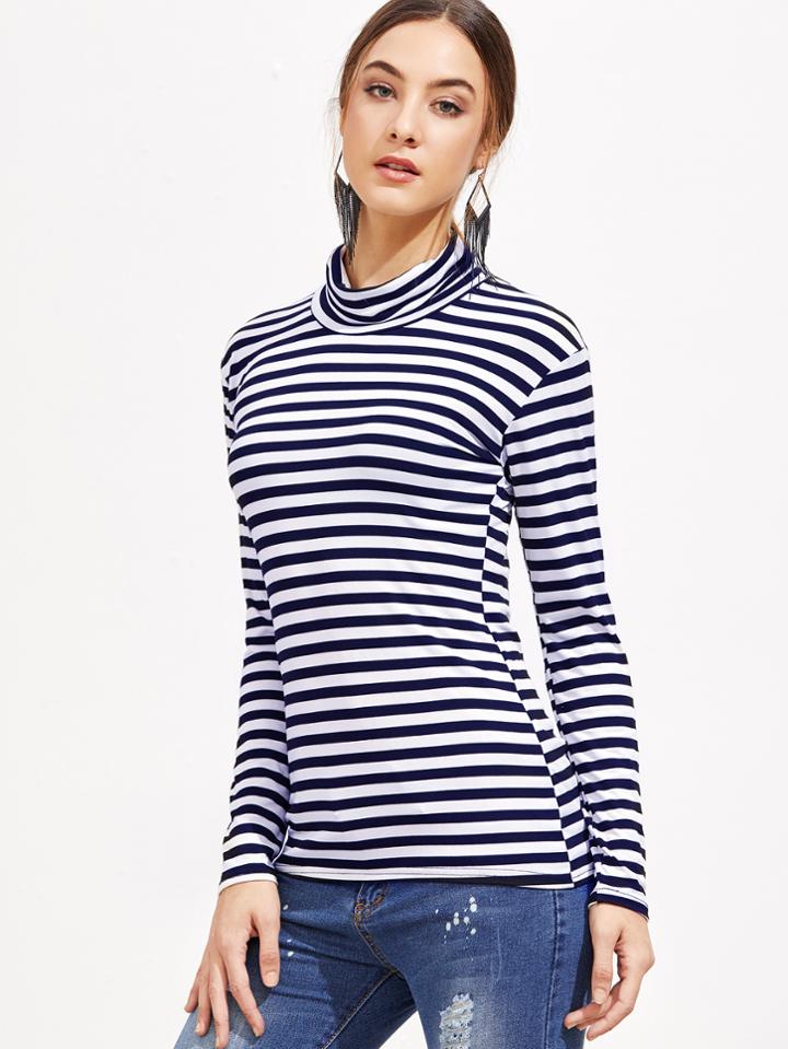 Shein Contrast Striped High Neck T-shirt