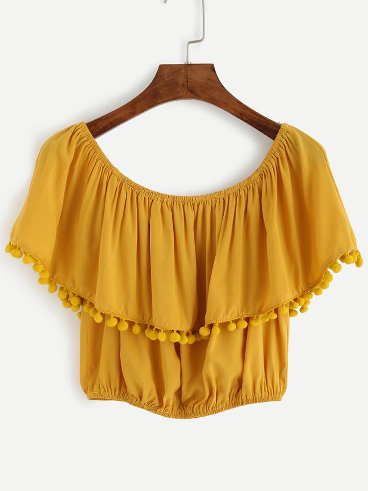 Shein Yellow Pom Pom Trim Ruffle Off The Shoulder Top
