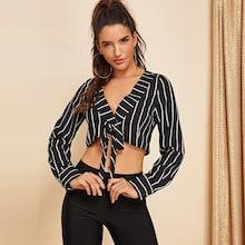 Shein Knot Front V-neck Striped Crop Top