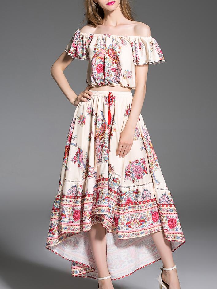 Shein Apricot Off The Shoulder Print Top With Skirt